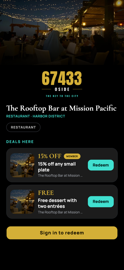 67433 Key to the City showing the deals at a local restaurant