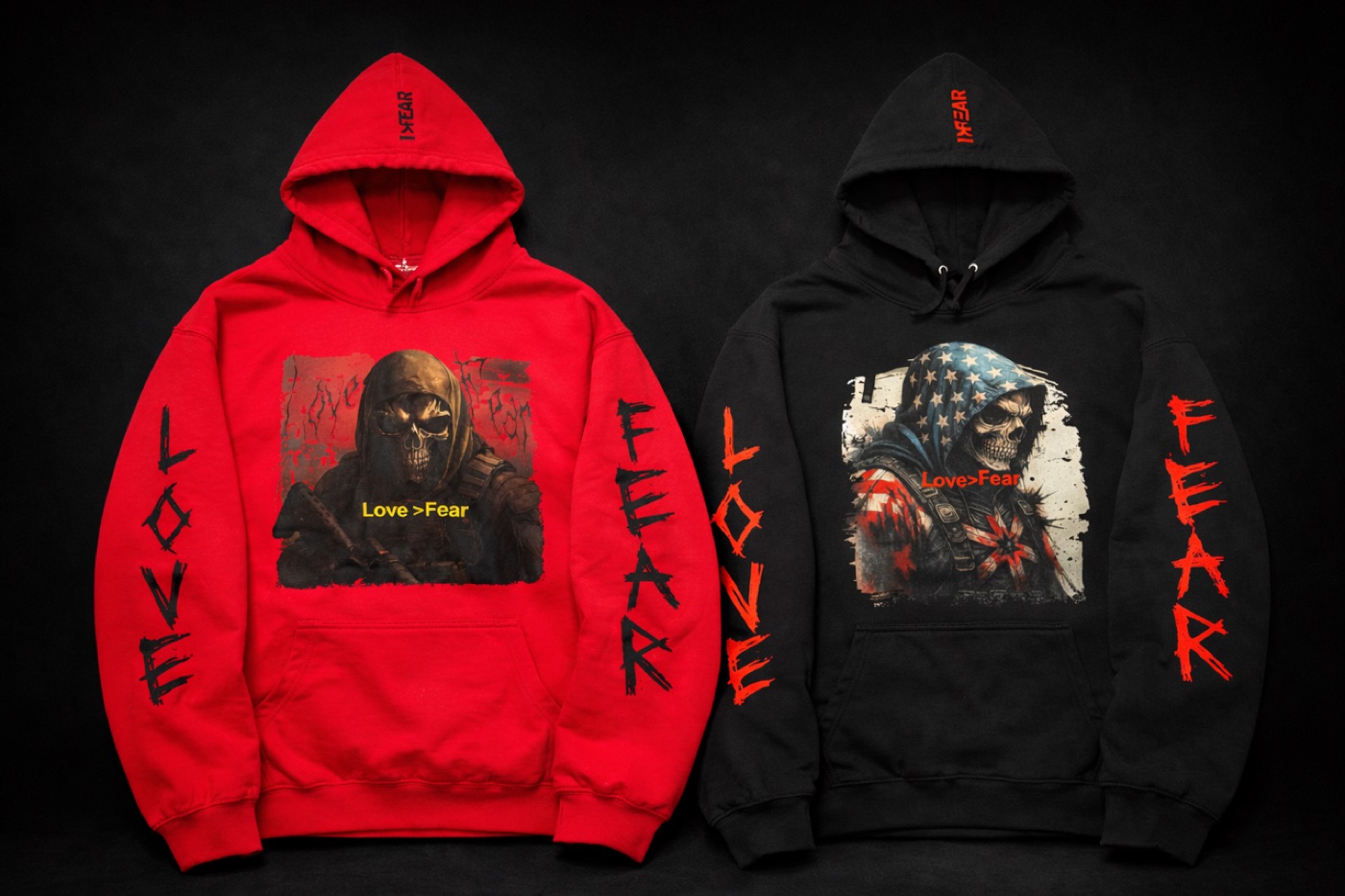 I>Fear Love > Fear hoodies in red and black